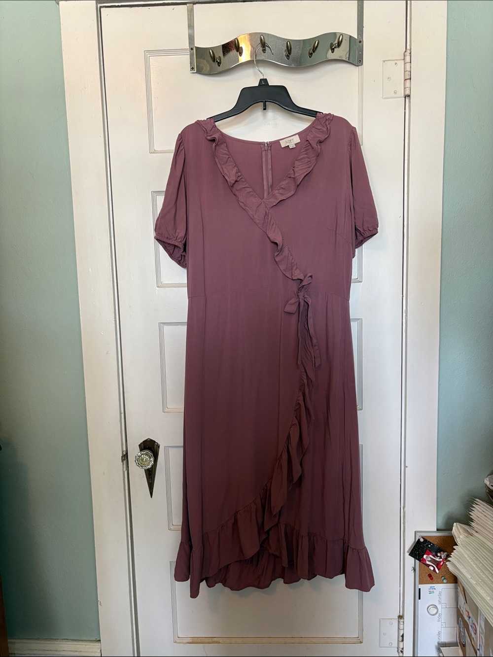 LOFT Women's Ruffle Faux Wrap Midi Dress Dusty Mauve Size 16